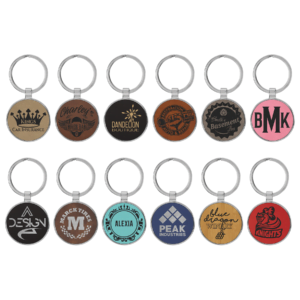 Metal Frame Circle Leatherette Keychains
